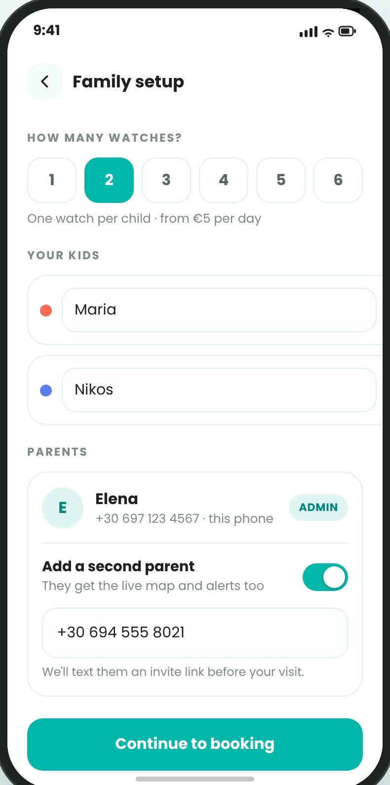 MeetMe Compass parent app — family setup and booking screen