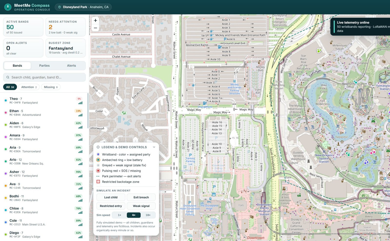 MeetMe Compass operations console — live park map with wristband positions and alerts