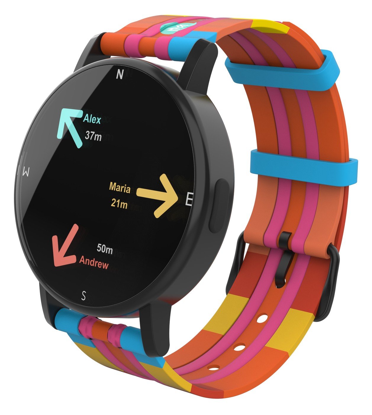 MeetMe Compass child wristband showing compass arrows to family members