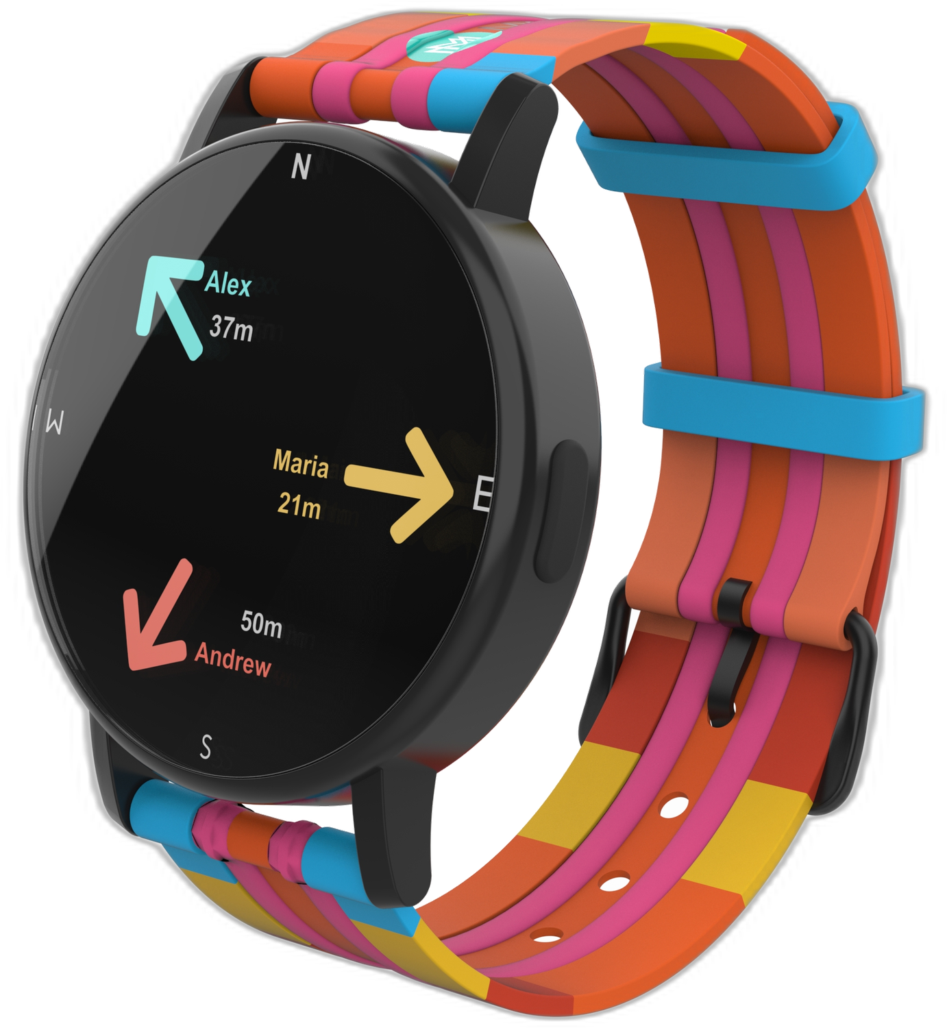 MeetMe Compass child wristband showing compass arrows to family members